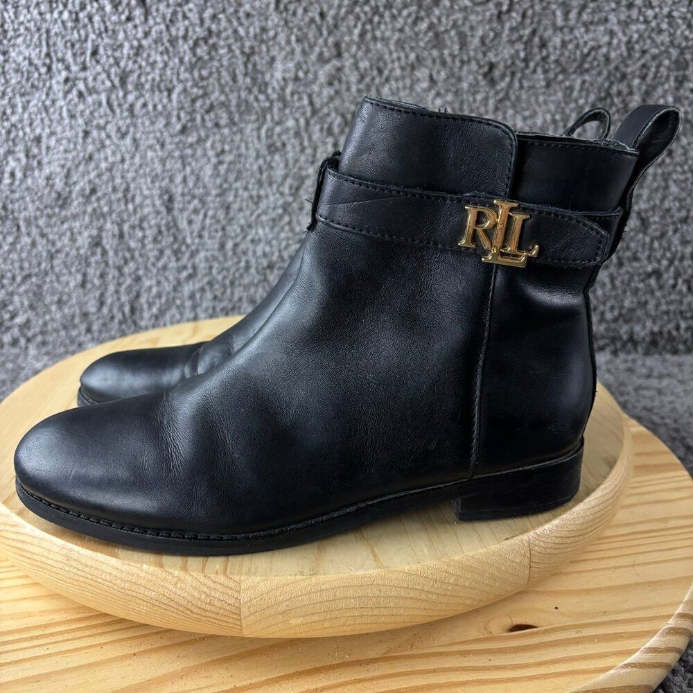 Lauren Ralph Lauren Briele Ankle Boots Womens 6 Black Leather Gold Logo Booties